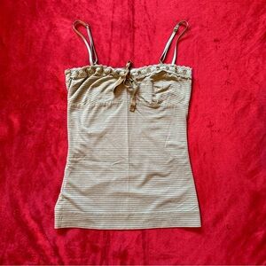 Early 2000s Milkmaid MNG Lace Ribbon Trim Tan and Mint Blue Striped Tank Top